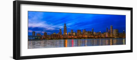 Chicago skyline with Cubs World Series lights night, Lake Michigan, Chicago, Cook County, Illino...-null-Framed Photographic Print