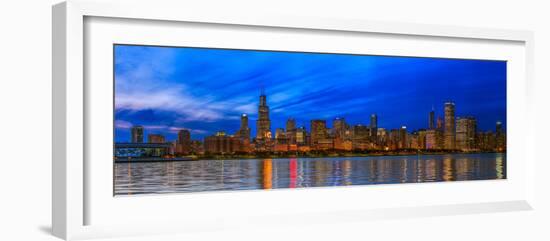 Chicago skyline with Cubs World Series lights night, Lake Michigan, Chicago, Cook County, Illino...-null-Framed Photographic Print