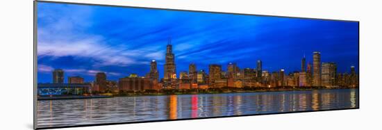 Chicago skyline with Cubs World Series lights night, Lake Michigan, Chicago, Cook County, Illino...-null-Mounted Photographic Print