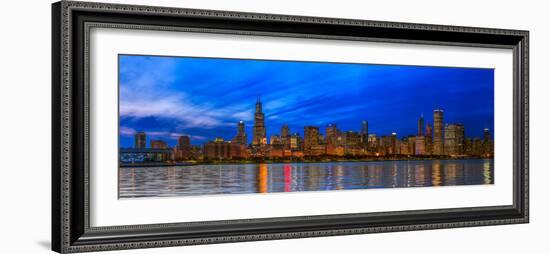 Chicago skyline with Cubs World Series lights night, Lake Michigan, Chicago, Cook County, Illino...-null-Framed Photographic Print