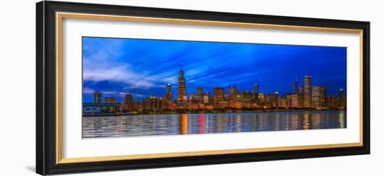 Chicago skyline with Cubs World Series lights night, Lake Michigan, Chicago, Cook County, Illino...-null-Framed Photographic Print