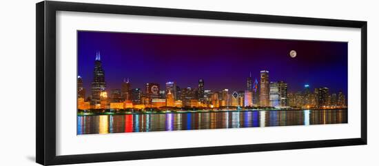 Chicago skyline with Cubs World Series lights night, Moonrise, Lake Michigan, Chicago, Cook Coun...-null-Framed Photographic Print