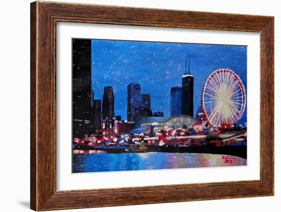 Chicago Skyline with Ferris Wheel-Martina Bleichner-Framed Art Print