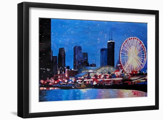 Chicago Skyline with Ferris Wheel-Martina Bleichner-Framed Art Print