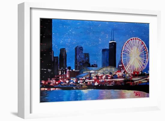 Chicago Skyline with Ferris Wheel-Martina Bleichner-Framed Art Print