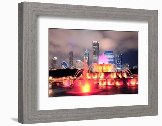 Chicago Skyline with Skyscrapers and Buckingham Fountain in Grant Park at Night Lit by Colorful Lig-Songquan Deng-Framed Photographic Print