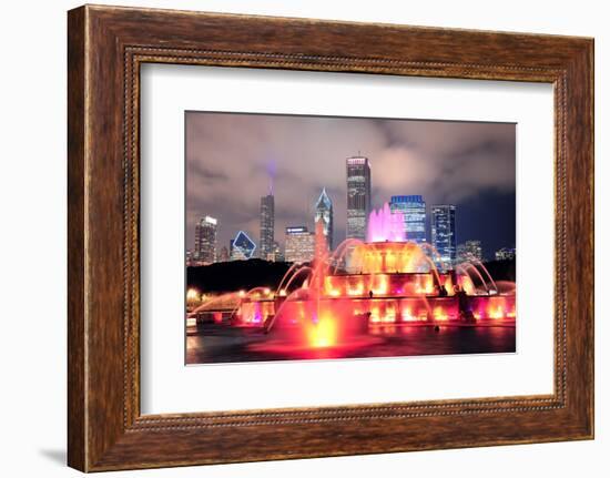 Chicago Skyline with Skyscrapers and Buckingham Fountain in Grant Park at Night Lit by Colorful Lig-Songquan Deng-Framed Photographic Print