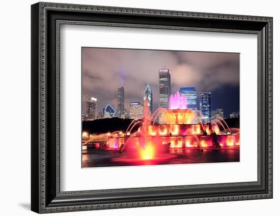 Chicago Skyline with Skyscrapers and Buckingham Fountain in Grant Park at Night Lit by Colorful Lig-Songquan Deng-Framed Photographic Print