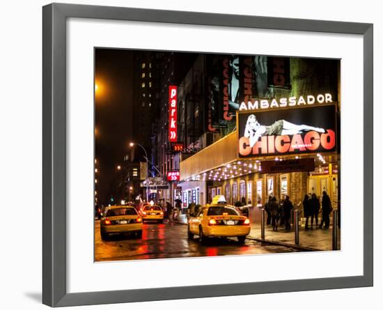 Chicago the Musical - Yellow Cabs in front of the Ambassador Theatre in Times Square by Night-Philippe Hugonnard-Framed Photographic Print