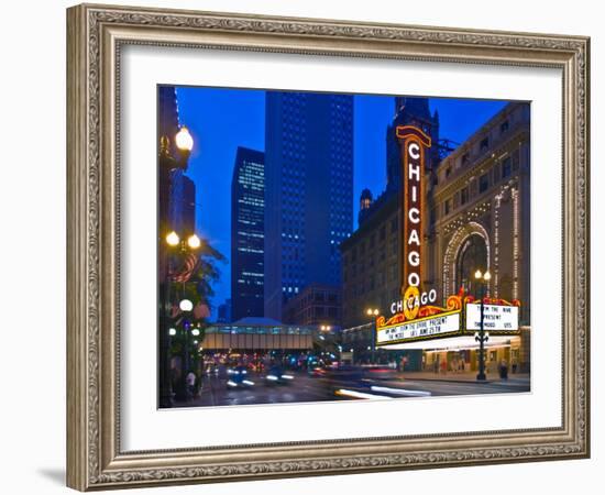 Chicago Theatre marquee at night, Chicago, Cook County, Illinois, USA-null-Framed Photographic Print