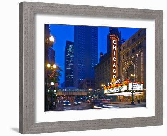 Chicago Theatre marquee at night, Chicago, Cook County, Illinois, USA-null-Framed Photographic Print