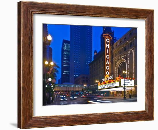 Chicago Theatre marquee at night, Chicago, Cook County, Illinois, USA-null-Framed Photographic Print