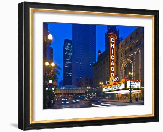 Chicago Theatre marquee at night, Chicago, Cook County, Illinois, USA-null-Framed Photographic Print