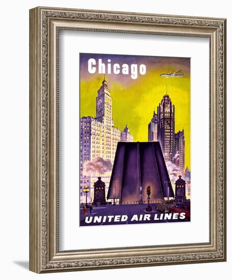 Chicago - United Air Lines - The Tribune Tower, Wrigley Building, and Michigan Avenue Bridge-null-Framed Art Print