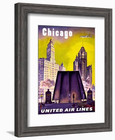 Chicago - United Air Lines - The Tribune Tower, Wrigley Building, and Michigan Avenue Bridge-null-Framed Art Print