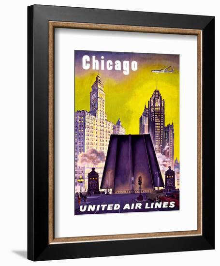 Chicago - United Air Lines - The Tribune Tower, Wrigley Building, and Michigan Avenue Bridge-null-Framed Art Print