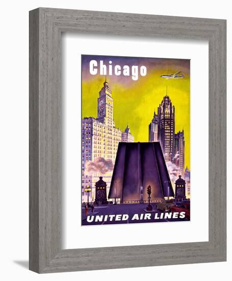 Chicago - United Air Lines - The Tribune Tower, Wrigley Building, and Michigan Avenue Bridge-null-Framed Art Print