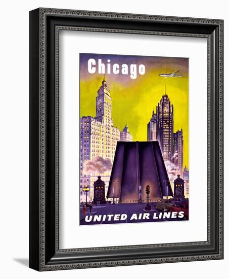 Chicago - United Air Lines - The Tribune Tower, Wrigley Building, and Michigan Avenue Bridge-null-Framed Art Print