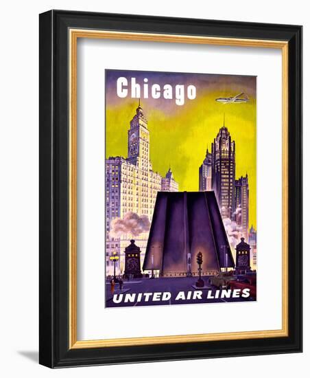 Chicago - United Air Lines - The Tribune Tower, Wrigley Building, and Michigan Avenue Bridge-null-Framed Art Print