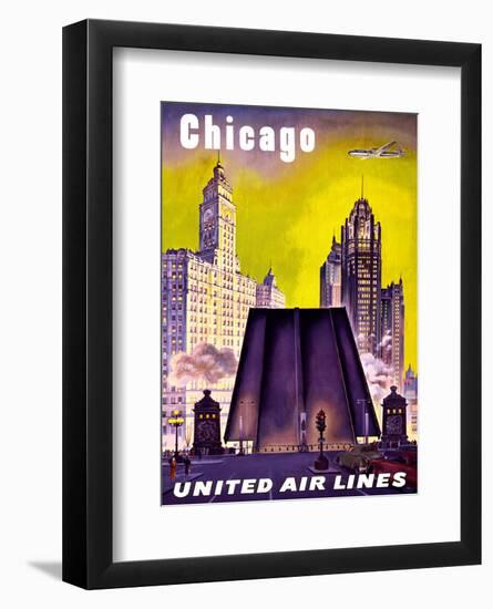 Chicago - United Air Lines - The Tribune Tower, Wrigley Building, and Michigan Avenue Bridge-null-Framed Art Print