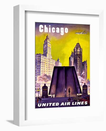 Chicago - United Air Lines - The Tribune Tower, Wrigley Building, and Michigan Avenue Bridge-null-Framed Art Print