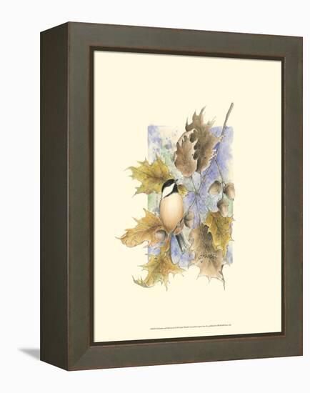 Chickadee and Oak Leaves-Janet Mandel-Framed Stretched Canvas