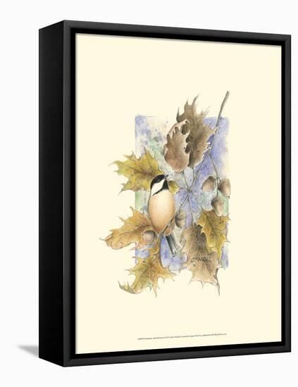 Chickadee and Oak Leaves-Janet Mandel-Framed Stretched Canvas