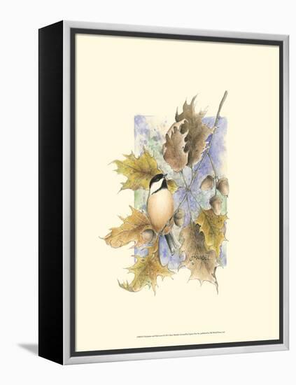 Chickadee and Oak Leaves-Janet Mandel-Framed Stretched Canvas