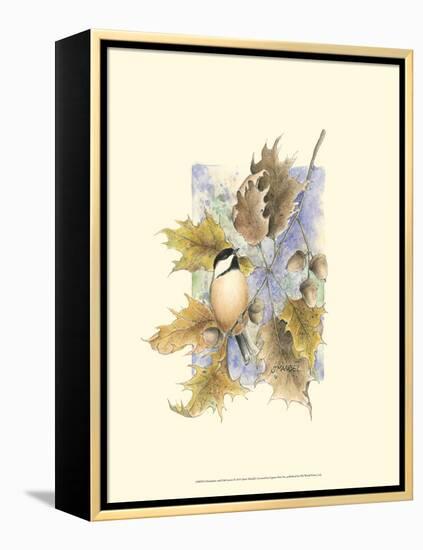 Chickadee and Oak Leaves-Janet Mandel-Framed Stretched Canvas