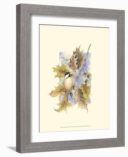 Chickadee and Oak Leaves-Janet Mandel-Framed Art Print