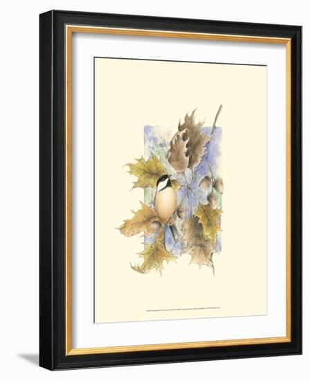 Chickadee and Oak Leaves-Janet Mandel-Framed Art Print