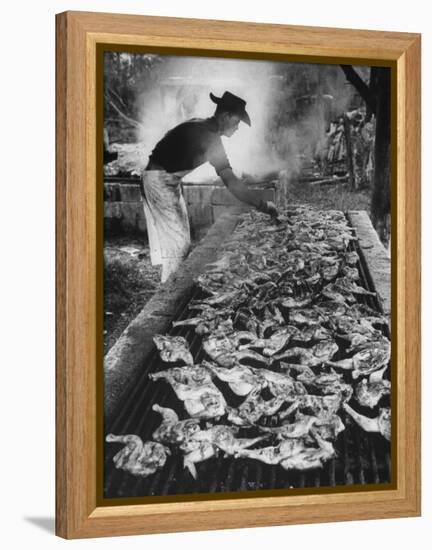 Chicken and Pork Cooking on the Grill During Flordia Swamp Barbeque-null-Framed Premier Image Canvas