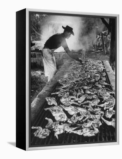 Chicken and Pork Cooking on the Grill During Flordia Swamp Barbeque-null-Framed Premier Image Canvas