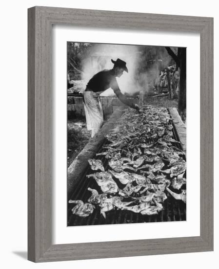 Chicken and Pork Cooking on the Grill During Flordia Swamp Barbeque-null-Framed Photographic Print