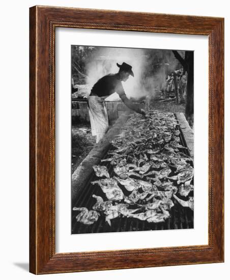 Chicken and Pork Cooking on the Grill During Flordia Swamp Barbeque-null-Framed Photographic Print