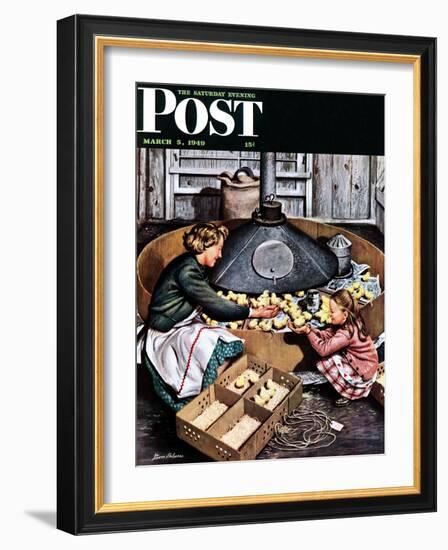 "Chicks in Incubator," Saturday Evening Post Cover, March 5, 1949-Stevan Dohanos-Framed Giclee Print