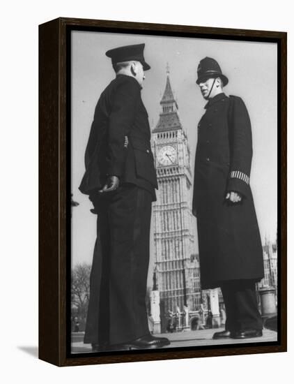Chief Inspector of Metropolitan Police Stopping for Word with Police Constable in Parliament Square-David Scherman-Framed Premier Image Canvas