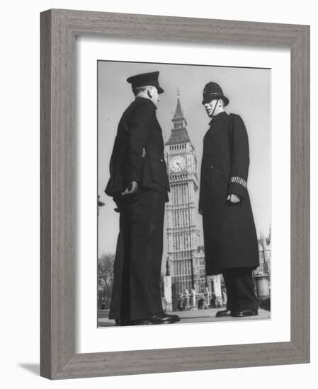 Chief Inspector of Metropolitan Police Stopping for Word with Police Constable in Parliament Square-David Scherman-Framed Photographic Print