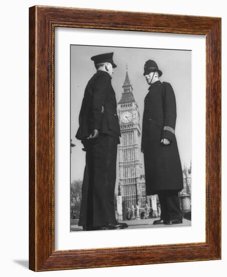 Chief Inspector of Metropolitan Police Stopping for Word with Police Constable in Parliament Square-David Scherman-Framed Photographic Print