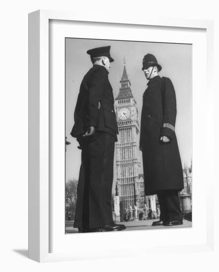 Chief Inspector of Metropolitan Police Stopping for Word with Police Constable in Parliament Square-David Scherman-Framed Photographic Print