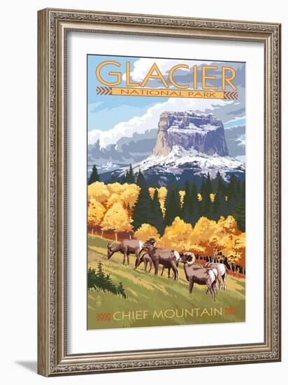 Chief Mountain and Big Horn Sheep - Glacier National Park, Montana-Lantern Press-Framed Art Print