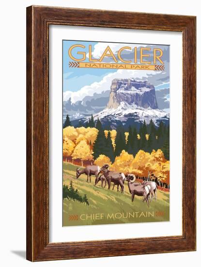 Chief Mountain and Big Horn Sheep - Glacier National Park, Montana-Lantern Press-Framed Art Print