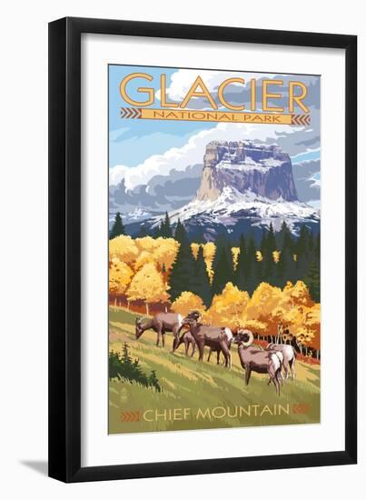 Chief Mountain and Big Horn Sheep - Glacier National Park, Montana-Lantern Press-Framed Art Print