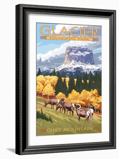 Chief Mountain and Big Horn Sheep - Glacier National Park, Montana-Lantern Press-Framed Art Print