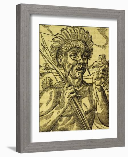 Chief of Tribe of Cannibals, Engraving from Universal Cosmology-Andre Thevet-Framed Giclee Print