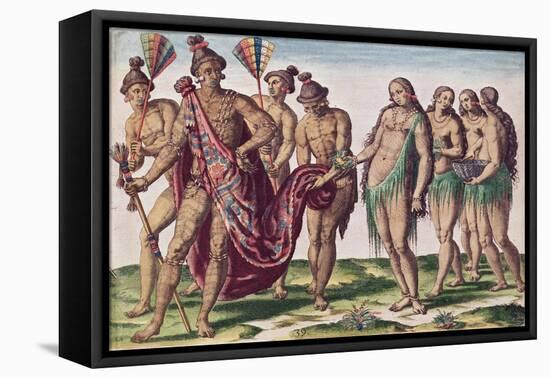 Chief Satouriona and His Wife Go for a Walk, Plate XXXIX from "Brevis Narratio.."-Jacques Le Moyne-Framed Premier Image Canvas