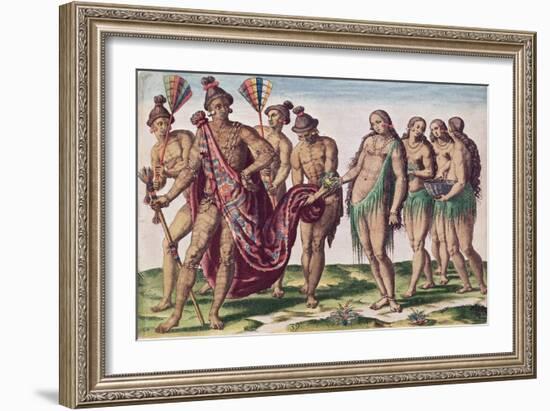 Chief Satouriona and His Wife Go for a Walk, Plate XXXIX from "Brevis Narratio.."-Jacques Le Moyne-Framed Giclee Print