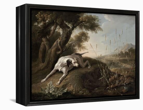 Chien à l'arrêt sur des perdrix-Christophe Huet-Framed Premier Image Canvas