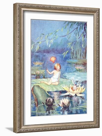 Child and Fairy on Lily Pond-null-Framed Art Print