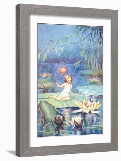 Child and Fairy on Lily Pond-null-Framed Art Print